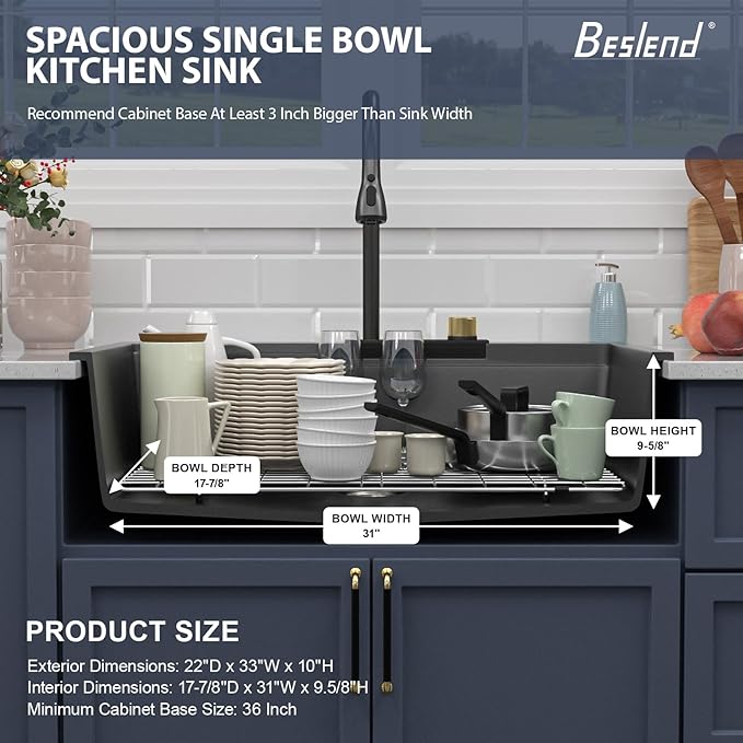 33 Waterfall Kitchen Sink - Beslend 33x22 inch Matte Black Granite Composite Waterfall Workstation Sink Drop In Waterfall Sink with Faucet, Topmount Dish Basin Above Counter Single Bowl