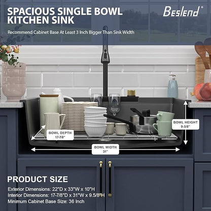 33 Waterfall Kitchen Sink - Beslend 33x22 inch Matte Black Granite Composite Waterfall Workstation Sink Drop In Waterfall Sink with Faucet, Topmount Dish Basin Above Counter Single Bowl