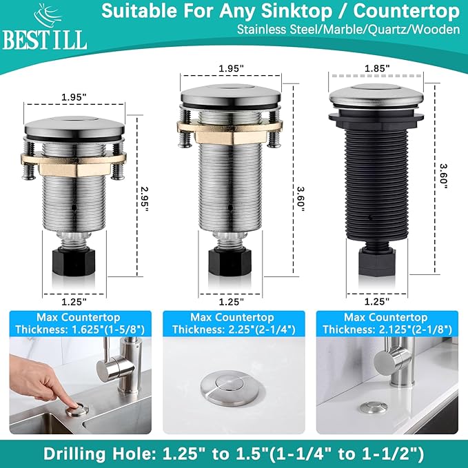 BESTILL Garbage Disposal Button - All Metal Brushed Nickel Air Switch for Garbage Disposals, Sink Top Push Button for Waste Disposer, Solid Brass Long Air On/Off Button Kit, UL Listed