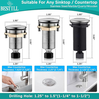 BESTILL Garbage Disposal Button - All Metal Brushed Nickel Air Switch for Garbage Disposals, Sink Top Push Button for Waste Disposer, Solid Brass Long Air On/Off Button Kit, UL Listed