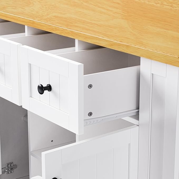Kitchen Island with Storage, Rolling Prep Table with Natural Wood Top, 3 Drawers & 2 Cabinets, White Mobile Kitchen Cart for Dining & Prep.