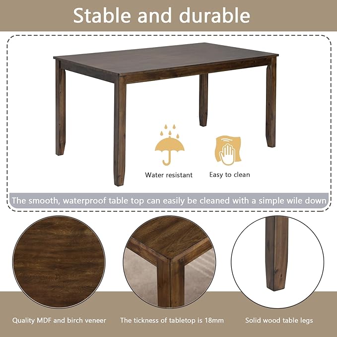 6-Piece Wooden Dining Table Set with 4 Upholstered Chairs and 1 Bench, Rectangular Kitchen Table Set for 7 People, Modern Dining Room Table for Kitchen and Dining, Walnut
