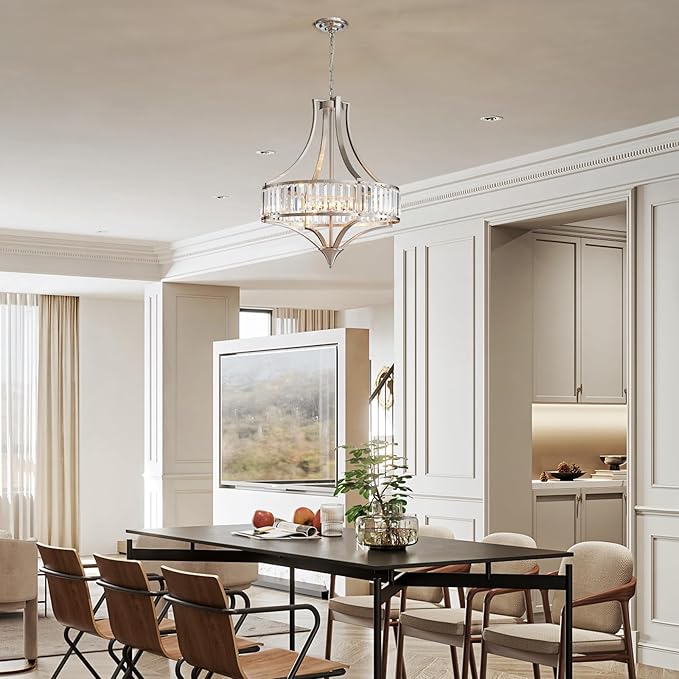 Brushed Nickel Chandeliers for Dining Room, Rustic Farmhouse Crystal Chandelier with Round Metal Shade, Modern 6-Light Large Light Fixture for Hallway, Bedroom, Foyer