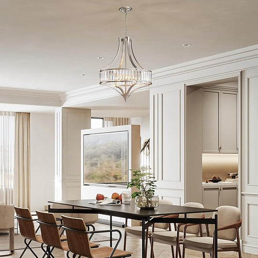 Brushed Nickel Chandeliers for Dining Room, Rustic Farmhouse Crystal Chandelier with Round Metal Shade, Modern 6-Light Large Light Fixture for Hallway, Bedroom, Foyer
