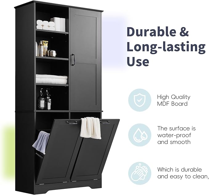 68" Tall Bathroom Storage Cabinet with One Door and Two Laundry Hampers for Home Display Organizer, Adjustable Shelf, Black