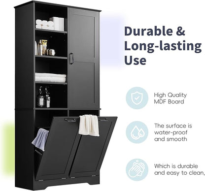 68" Tall Bathroom Storage Cabinet with One Door and Two Laundry Hampers for Home Display Organizer, Adjustable Shelf, Black