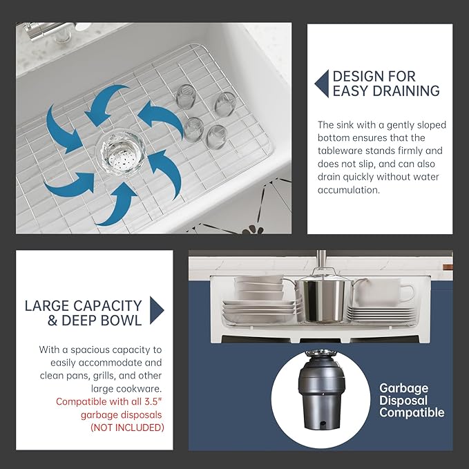 Farmhouse Sink, 33 Inch Large Undermount Kitchen Sink, 10" Deep Apron Front Farm Sinks, Ceramics White Single Bowl, Heavy Duty, Easy to Clean 33" x 20" x10"