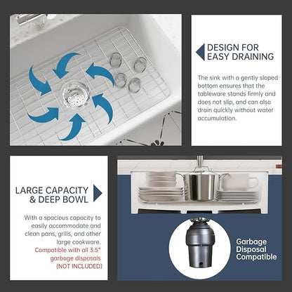Farmhouse Sink, 33 Inch Large Undermount Kitchen Sink, 10" Deep Apron Front Farm Sinks, Ceramics White Single Bowl, Heavy Duty, Easy to Clean 33" x 20" x10"