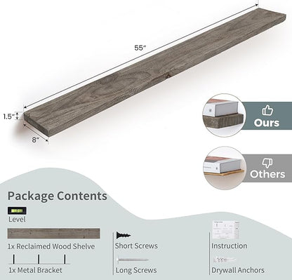 FLYJOE Solid Wood Floating Shelves, 8" Deep Rustic Reclaimed Barnwood Wall Hanging Floating Shelf with Invisible Heavy-Duty Metal Bracket | Wall Mounted | Farmhouse Style | 55 inches,1PC,Grey