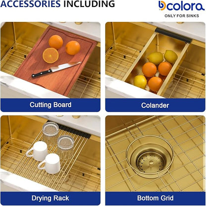Dcolora 33 In. Gold Undermount Kitchen Sink, Workstation with Valued Accessories, Heavy Duty 16 Gauge 304 Stainless Steel Luxury Gold Nano-PVD, 33"x19"x10" Large Single Bowl #DC-U2533006GW