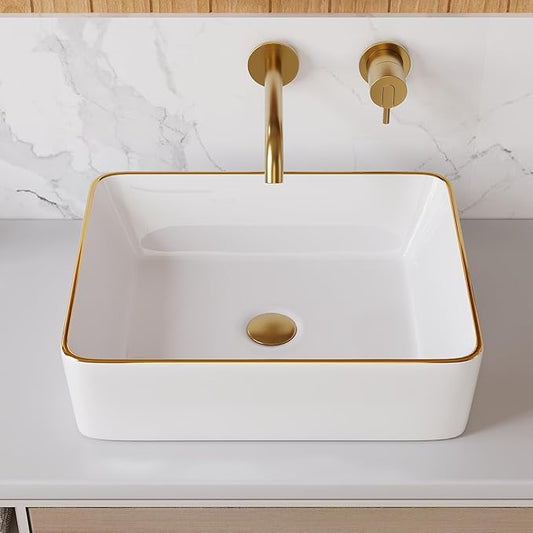 DeerValley 19x15 Inch Rectangular Vessel Sink, White Ceramic Bathroom Sink with Gold Trim, Above Counter Modern Basin, DV-1V0365
