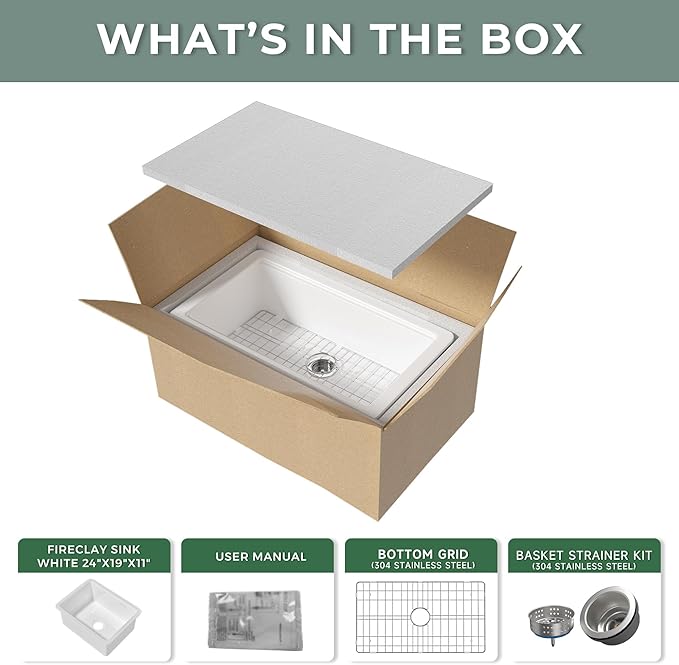 White Fireclay Undermount KItchen Sink 24 Inch, Single Bowl Small Topmount White Undermount Laundry Sink 24''x19''x11'' Drop In, Heavy Duty Deep Basin, Dual Mount, for Kitchen, Island, Laundry