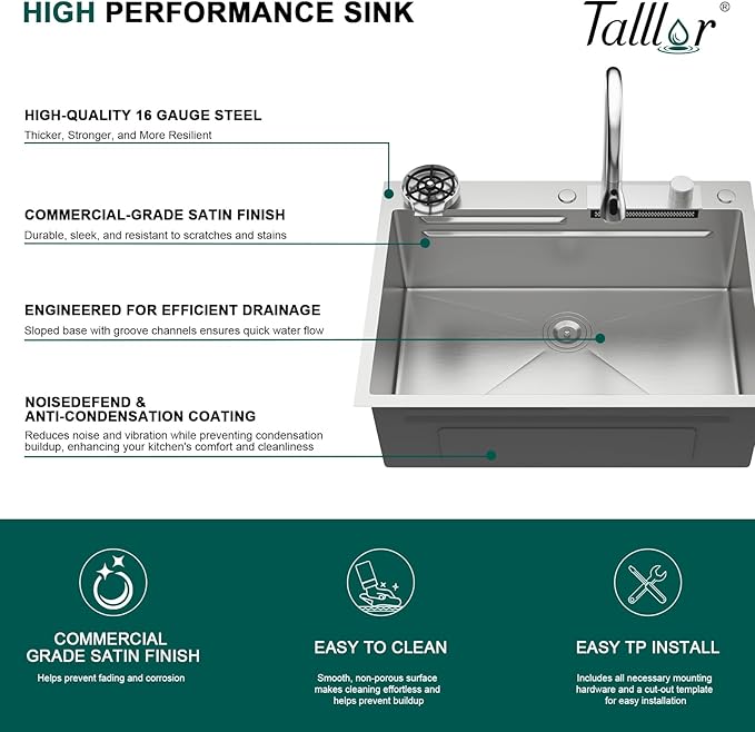 33x22 Drop In Stainless Steel Kitchen Sink with Faucet, Single Bowl Topmount Sink 16 Gauge, Waterfall Feature & Cup Washer, Workstation Accessories for Residential Kitchen #TLWF-0002
