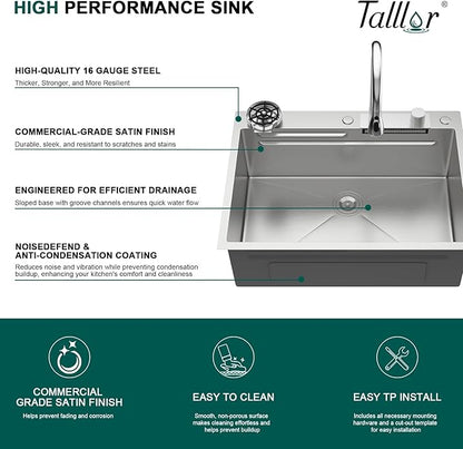 33x22 Drop In Stainless Steel Kitchen Sink with Faucet, Single Bowl Topmount Sink 16 Gauge, Waterfall Feature & Cup Washer, Workstation Accessories for Residential Kitchen #TLWF-0002