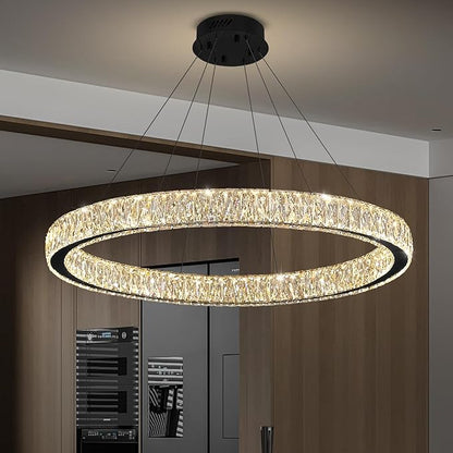 39.4in Large Ring Chandelier for Living Room Modern LED Black Crystal Chandelier for Dining Room Dimmable 2700K-6000K