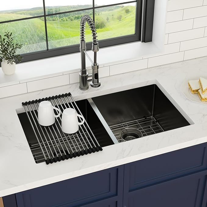 33 Inch Gunmetal Black Undermount Double Bowl Kitchen Sink 16 Gague Stainless Steel Double Handmade Sinks 50/50 Large Deep Double Bowl Sinks 33"x19"x10"