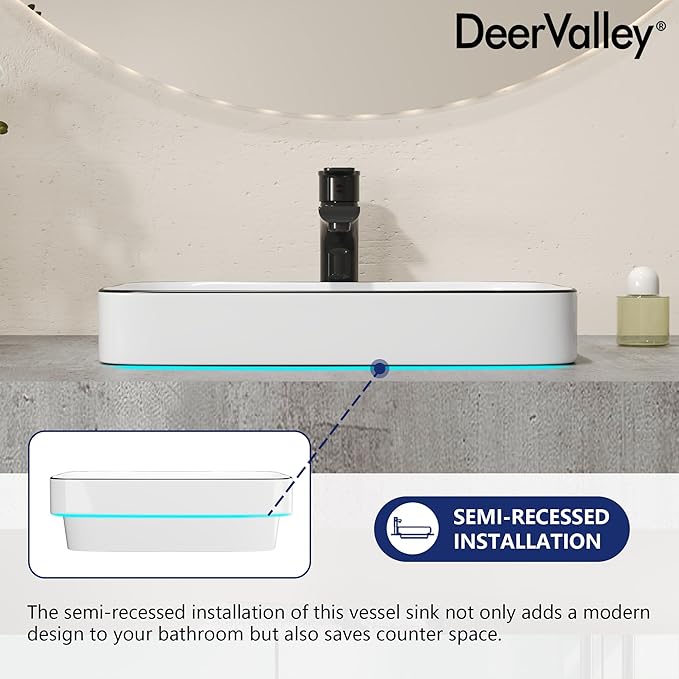 DeerValley Liberty 15.94x12.01 Inch Semi-Recessed Bathroom Vessel Sink, White Ceramic Rectangular Sink with Black Rim, Model DV-1V0347