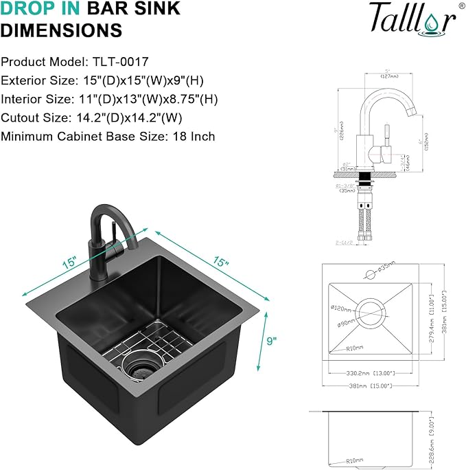 15x15 Inch Black Drop In Bar Sink with Faucet, 16 Gauge 304 Stainless Steel Single Bowl Wet Prep Sink for Kitchen Bar, RV, Outdoor, and Boat, Gunmetal Black #TLT-0017