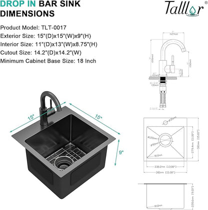 15x15 Inch Black Drop In Bar Sink with Faucet, 16 Gauge 304 Stainless Steel Single Bowl Wet Prep Sink for Kitchen Bar, RV, Outdoor, and Boat, Gunmetal Black #TLT-0017