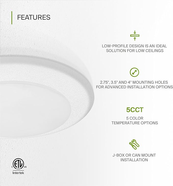 ASD 1 Pack LED Disk Lights 6 Inch, 15W 5CCT 2700K-5000K 1245LM CRI90+, Dimmable Flush Mount Ceiling Light Fixture, Low Profile Surface Mount Disc Lights, Junction Box or Recessed Can Install, ETL