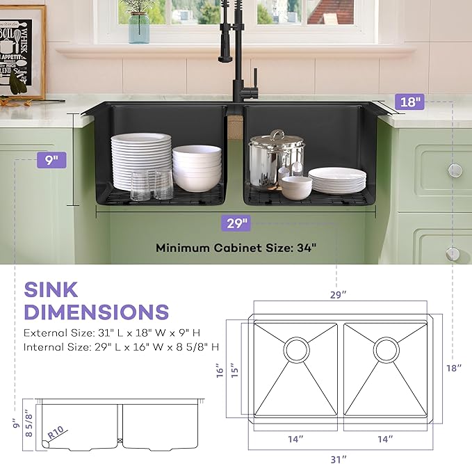 LQS Black Undermount Kitchen Sink, 31 Inch Double Kitchen Sink Stainless Steel 16 Gauge, 10” Depth Workstation Kitchen Sink with Built-In Ledge for Convenient Kitchen and Cooking Life