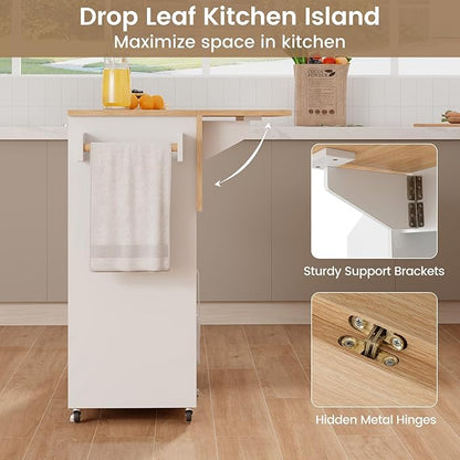 Giantex Rolling Kitchen Island Cart with Drop Leaf, Power Outlet, Spice Rack, 12 Wine Rack, Glass Holder, Drawer, Storage Cabinet, Towel Rack, Island Table for Breakfast Coffee Bar (White & Natural)