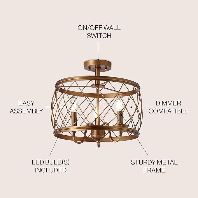 JONATHAN Y 15" Antiqued Gold LED Semi Flush Mount Ceiling Light, 3-Light Modern Industrial Drum Fixture for Bedroom Living Room Hallway, Gold Metal Cage Shade JYL9037A