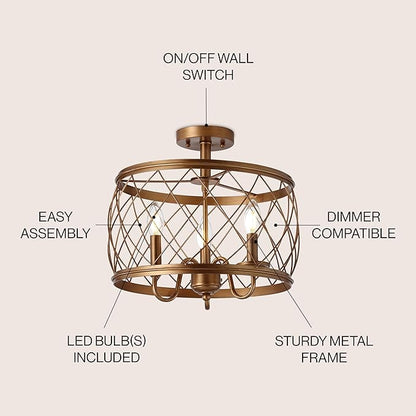 JONATHAN Y 15" Antiqued Gold LED Semi Flush Mount Ceiling Light, 3-Light Modern Industrial Drum Fixture for Bedroom Living Room Hallway, Gold Metal Cage Shade JYL9037A