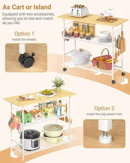 Kitchen Island with 3 Shelves, Rolling Kitchen Cart with 6 Hooks and Protective Shelf, Microwave Stand on Lockable Wheels, Bakers Rack Coffee Bar for Dining, Living Room, Outdoor, Metal Frame, White