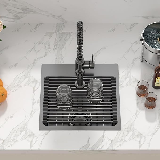 Sarlai 15 Black Drop Bar Sink - 15 x 15 Inch Bar Sink Drop In Topmount Square Gunmetal Black Stainless Steel 16 Gauge Single Bowl Drop Bar Prep RV Kitchen Sink