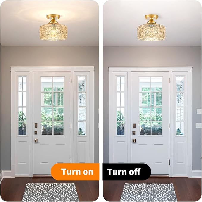 Daunton Small Semi Flush Mount Ceiling Light Fixture, Vintage Gold Close to Ceiling Lighting with Amber Etched Glass Shade for Hallway, Kitchen, Entryway (Retro Design, Easy Install)