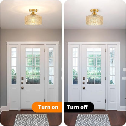 Daunton Small Semi Flush Mount Ceiling Light Fixture, Vintage Gold Close to Ceiling Lighting with Amber Etched Glass Shade for Hallway, Kitchen, Entryway (Retro Design, Easy Install)