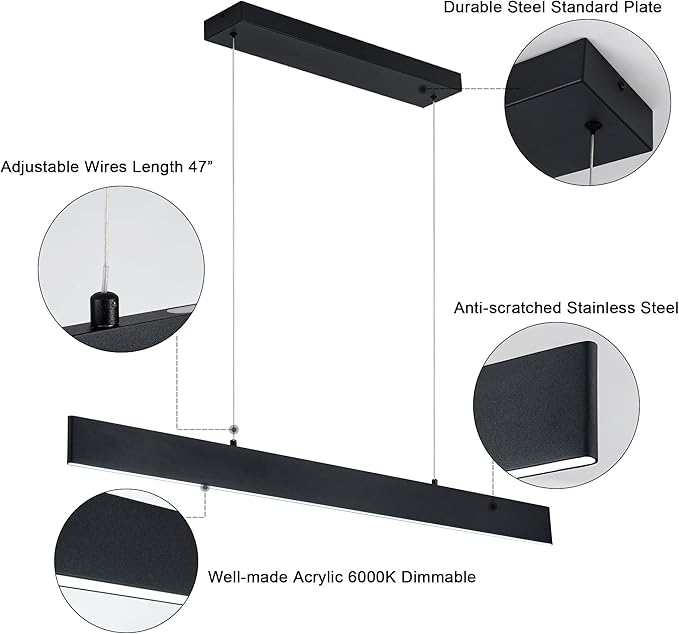 Modern Linear Led Pendant Light - 1 Ring Integrated Led Hanging Light Fixture for Office, Kitchen Island, Bar, Dining Room - 30W 6000K Not-dimmable - 41.34" L x 47" H (Black)