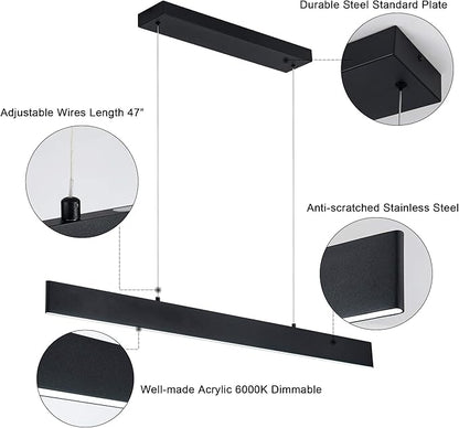 Modern Linear Led Pendant Light - 1 Ring Integrated Led Hanging Light Fixture for Office, Kitchen Island, Bar, Dining Room - 30W 6000K Not-dimmable - 41.34" L x 47" H (Black)