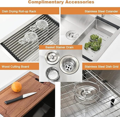 33x19 Drop In Kitchen Sink Workstation-Bokaiya 33 Inch Stainless Steel Top Mount Kitchen Sink 16 Gauge Single Bowl Drop In Sink with Cutting Board