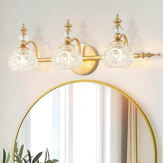 Bathroom Vanity Light Fixtures, Farmhouse Vintage Wall Sconce Lighting with Glass Shade, Bath Vintage Wall Mounted Lamps for Mirror (3 Lights,Gold,G9 Base)