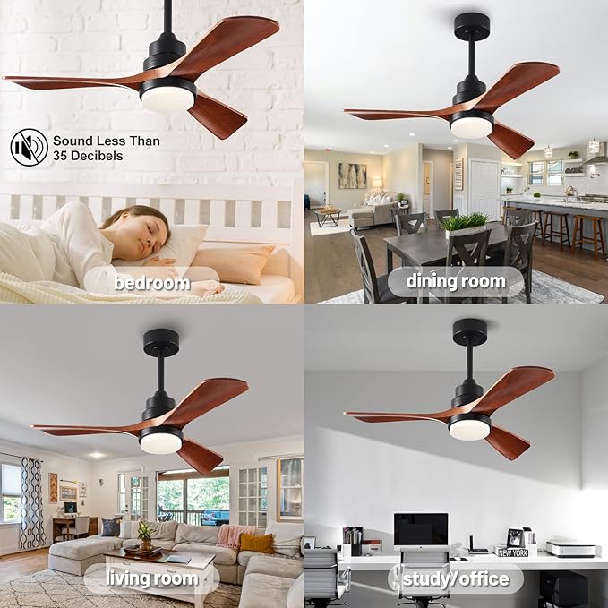 42 inch Wood Ceiling Fans with Lights and Remote, Upgraded Dimmable, Quiet Reversible DC Motor, 3 Blades 6 Speeds Black Ceiling Fan for Farmhouse Living Room Bedroom Dining Room Workroom Study