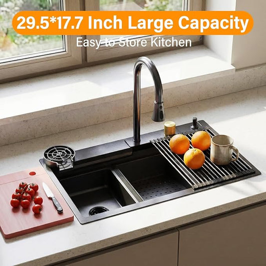 Drop In Kitchen Sink with Faucet, 29.5x17.7x10" Basin Depth Undermount Kitchen Sinks, Stainless Steel Sink with Cup Washer, Drain Strainer, Cutting Board, Colander, Storage Basket & Roll-up Rack