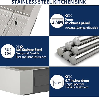 Lordear 33 Undermount Farmhouse Sink Workstation 33 x 22 Undermount Farmhouse Kitchen Sink Apron Front 16 Gauge Stainless Steel Deep Single Bowl Ledge Kitchen Sinks