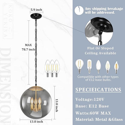 KoKo&Yukina 13.7 Inch Globe Pendant Light Adjustable Gold Globe Pendant Lights Kitchen Island Mid Century Light Fixture with Grey Glass Shade for Living Room