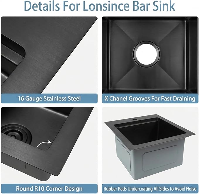 Drop In Black Bar Sink 17 X 19 inch,Small RV Sink,16 Gauge Stainless Steel Bar & Prep Sinks for Wet Bar Area