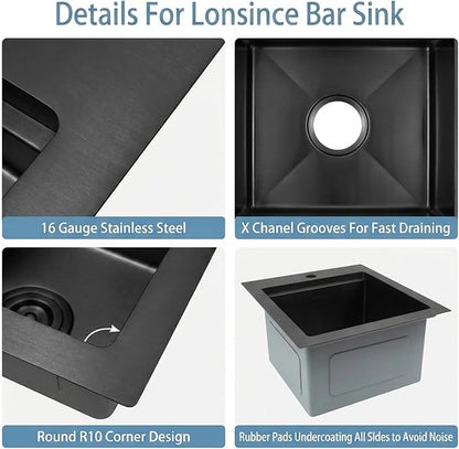 Drop In Black Bar Sink 17 X 19 inch,Small RV Sink,16 Gauge Stainless Steel Bar & Prep Sinks for Wet Bar Area