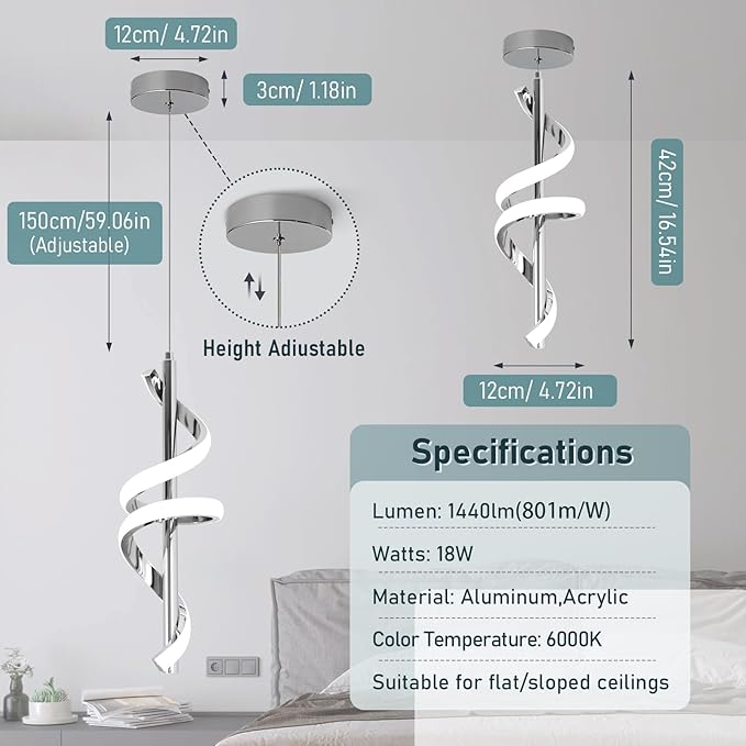 Spiral Led Pendant Light Fixtures, 5500K Cold White Modern Led Pendant Lamp Kitchen Island, Adjustable Height Kitchen Island Lights Fixtures for Dining Room Kitchen Bedroom Cafe, 3 Packs