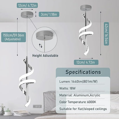 Spiral Led Pendant Light Fixtures, 5500K Cold White Modern Led Pendant Light Kitchen Island, Adjustable Height Kitchen Island Lights Fixtures for Dining Room Kitchen Bedroom Sink