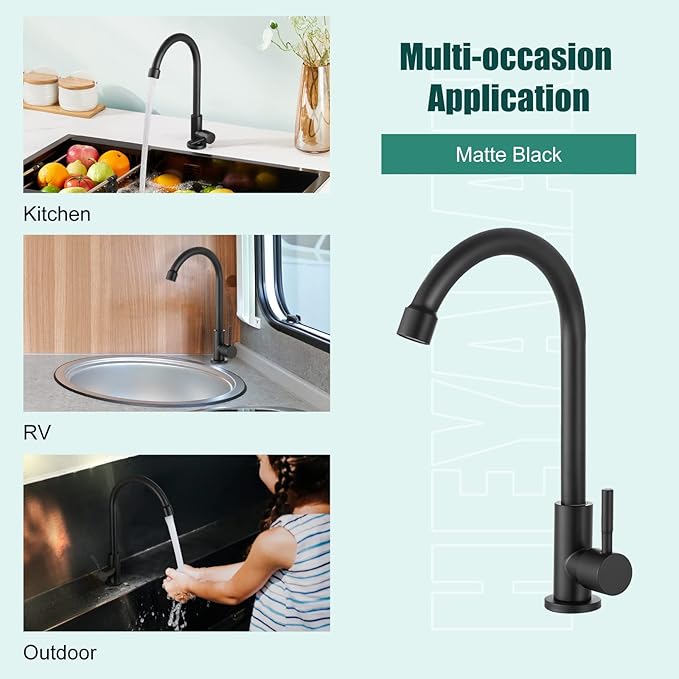 Heyalan Matte Black Cold Water Only Kitchen Faucet SUS304 Sink Faucets High Arc Gooseneck 360 Degree Rotation Spout Basin Tap with Longer Thread Pipe