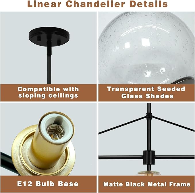 Linear Chandelier for Dining Room 39 Inch Kitchen Island Chandelier Black and Gold Modern 5 Lights Seeded Glass Globe Linear Pendant Light for Farmhouse, Living Room