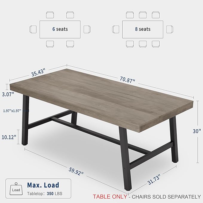 GarveeHome 70.87 in Industrial Dining Table for 6-8 People, Long Rectangular Table for Dining Room & Kitchen, Heavy Duty Metal Frame, Rustic Grey, Multipurpose Dining & Work Table