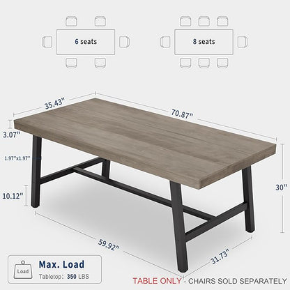 GarveeHome 70.87 in Industrial Dining Table for 6-8 People, Long Rectangular Table for Dining Room & Kitchen, Heavy Duty Metal Frame, Rustic Grey, Multipurpose Dining & Work Table