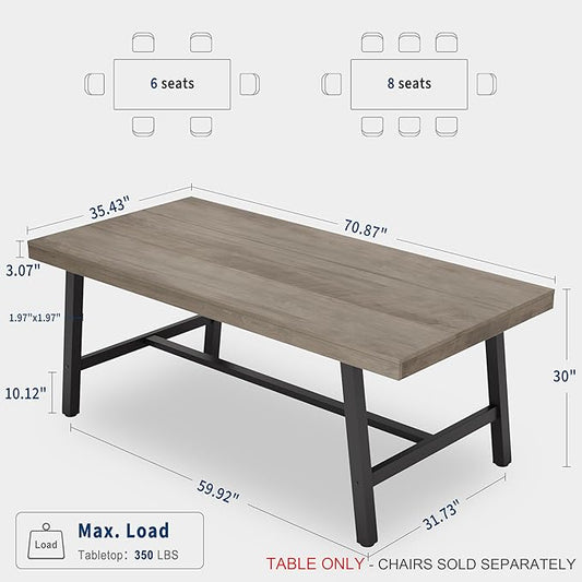 GarveeHome 70.87 in Industrial Dining Table for 6-8 People, Long Rectangular Table for Dining Room & Kitchen, Heavy Duty Metal Frame, Rustic Grey, Multipurpose Dining & Work Table
