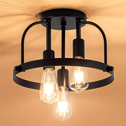 3 Light Industrial Ceiling Light Black Semi Flush Mount Lights Close to Ceiling Light Fixtures,cage Design Farmhouse Ceiling Lighting for Kitchen Bedroom Bathroom Foyer Hallway (E26, 1Pack)